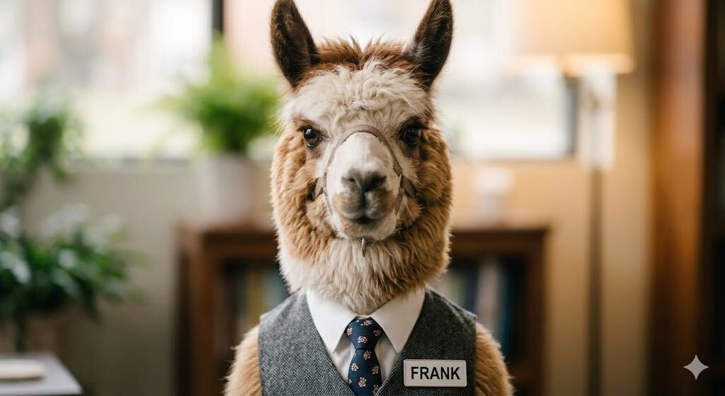 Frank, HyperLocal's official mascot and site therapist — a llama in a tweed vest and tie